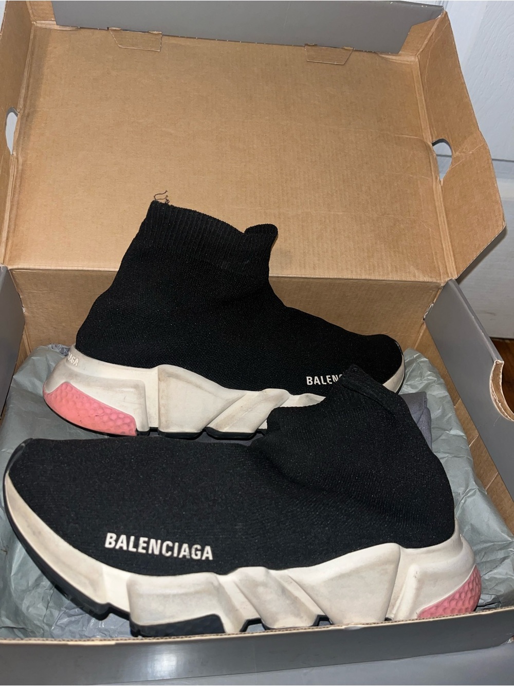 Balenciaga Black Sock-Style Trainers with White Midsole and Pink Heel Accents
